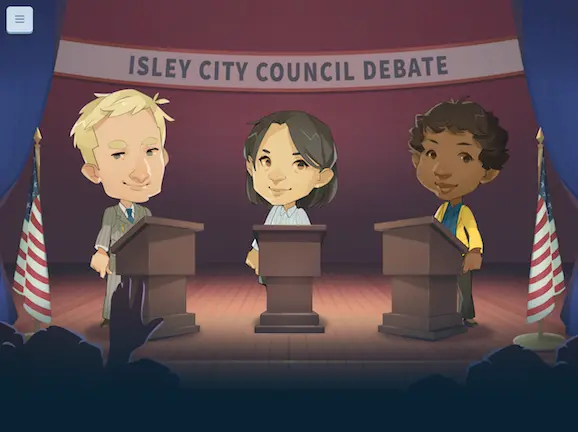 Animated debate between three candidates under a banner reading "Isley City Council Debate"