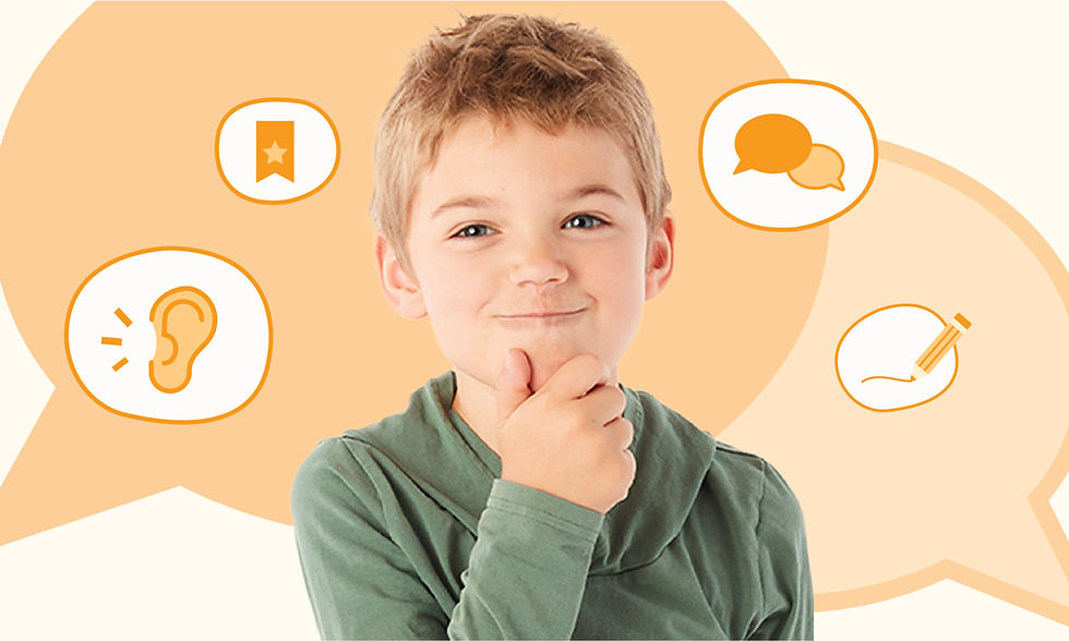 Young boy in green shirt smiling thoughtfully, touching chin. Background with icons: ear, speech bubbles, bookmark, pencil. Warm, playful mood.