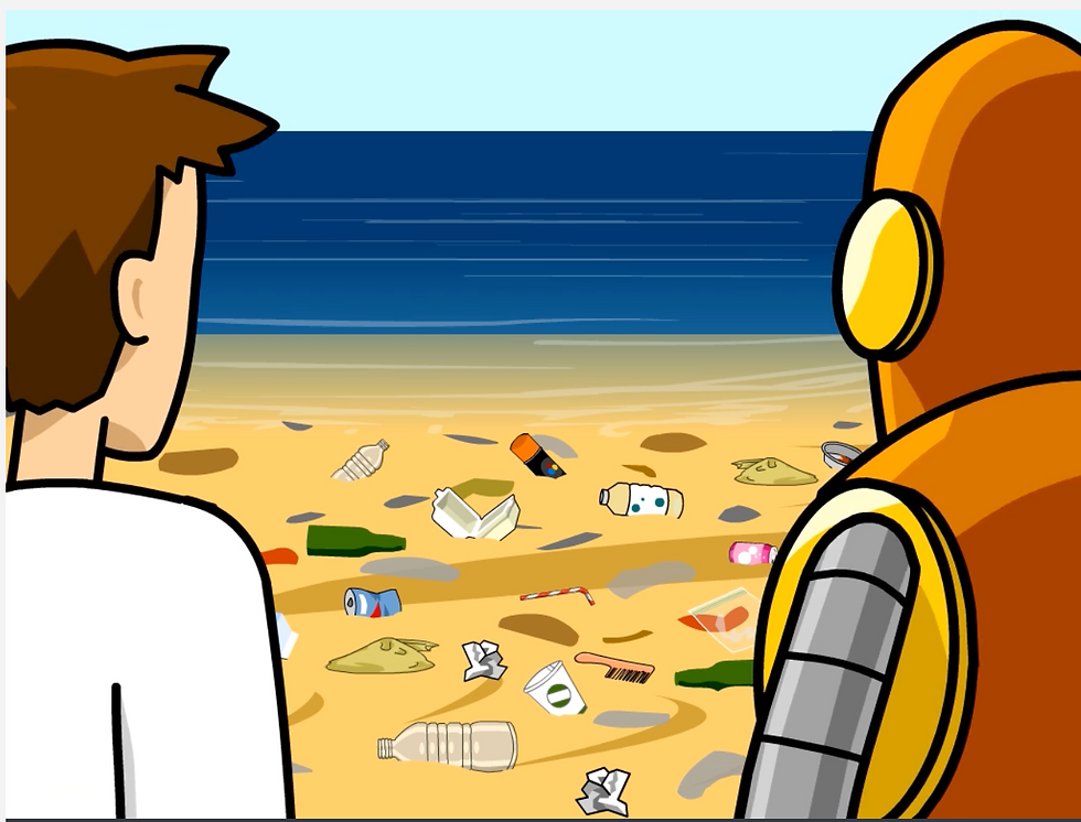 From BrainPOP's movie "Humans and the Environment." Tim and Moby stare out at the ocean, the beach littered with trash.