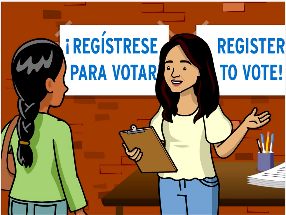 BrainPOP Dolores Huerta topic: illustration of a woman holding a clipboard and registering another woman to vote, with signs reading "¡Regístrese Para Votar" and "Register to Vote!" in the background.