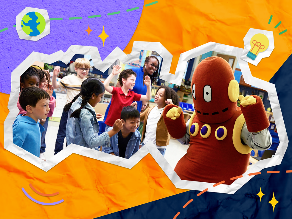 Life-size mascot Moby dancing with kids in a classroom.