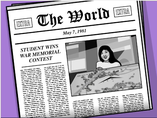 A newspaper titled "The World" from May 7, 1981, announces "Student Wins War Memorial Contest" with a smiling person holding a design. Movie still from Maya Lin BrainPOP topic.
