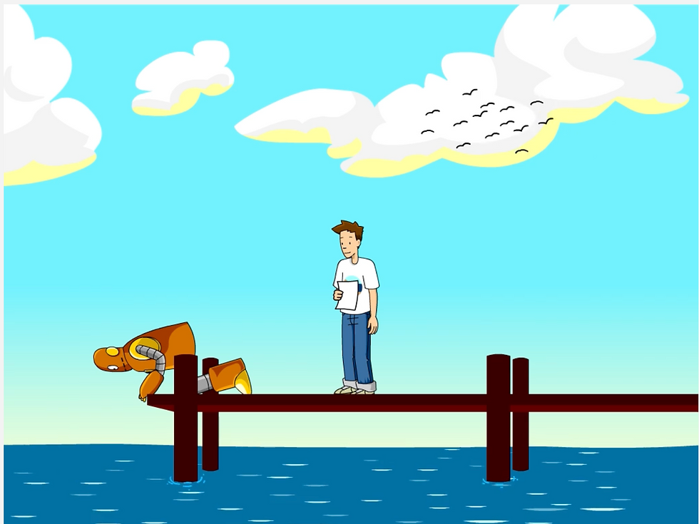 From BrainPOP's Oceans movie. Tim holds a letter from a student on a pier while Moby, an orange robot, leans over the edge. Blue water, clouds, and birds fill the background.