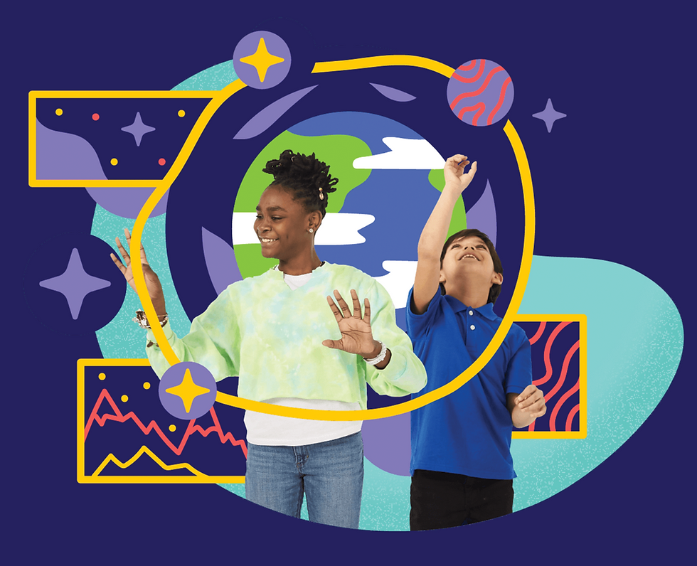 Two kids interact joyfully against a colorful, abstract space-themed backdrop with planets, patterns, and earth imagery on a dark blue background.
