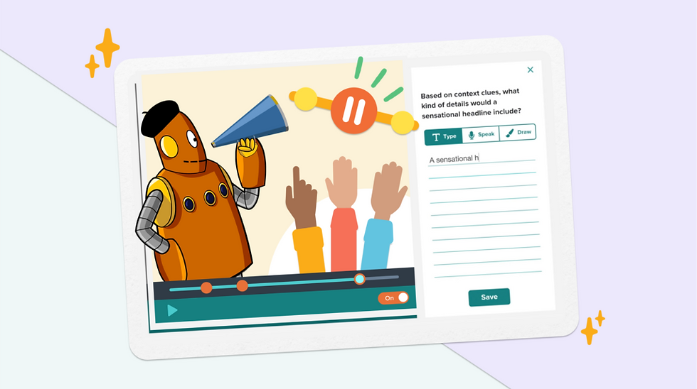 Pause points appear throughout the movie to ask questions that check for understanding. In this example, the question reads "Based on context clues, what kind of details would a sensational headline include?" Answers can be typed, spoken, or drawn.