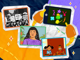 Collage of relevant BrainPOP movies, including Labor Day, Sandra Cisneros, Proteins, and the BrainPOP Jr. Fall movie.