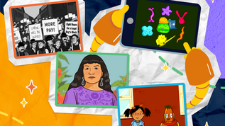 Collage of relevant BrainPOP movies, including Labor Day, Sandra Cisneros, Proteins, and the BrainPOP Jr. Fall movie.