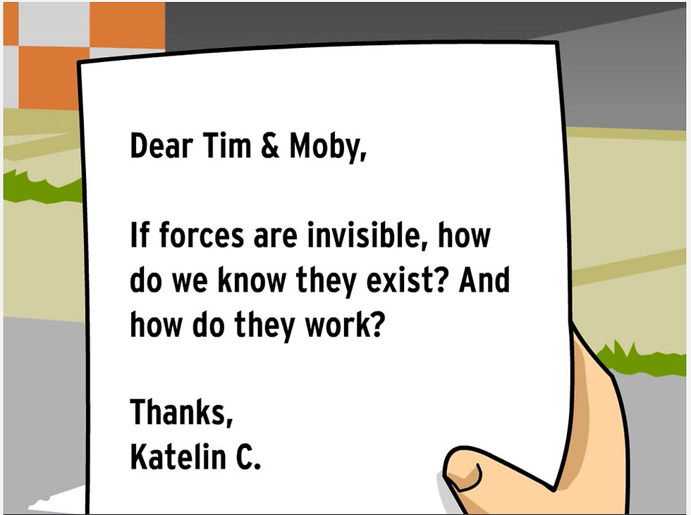 Letter from "Forces" BrainPOP movie: Dear Tim and Moby, If forces are invisible how do we know they exist? And how do they work? Thanks, Katelin C.
