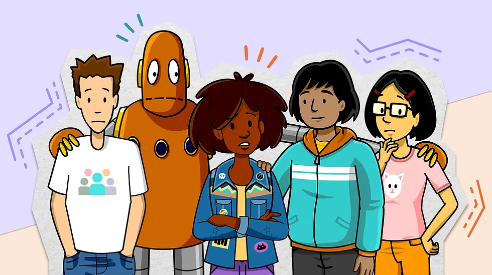 Animated group of five friends standing together. One is a robot. Background is purple with patterns. Characters show various emotions.