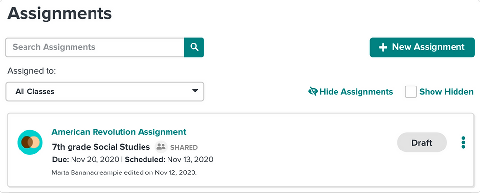 Assignment dashboard showing a 7th grade Social Studies American Revolution assignment due Nov 20, 2020. Status: Draft.
