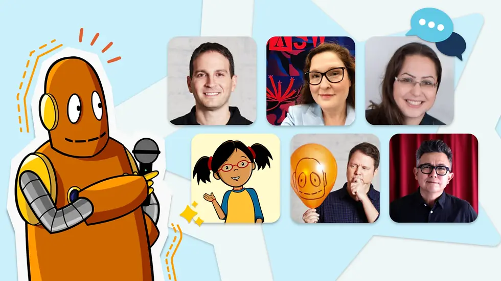 Moby holding a microphone next to 6 long-term BrainPOP employees