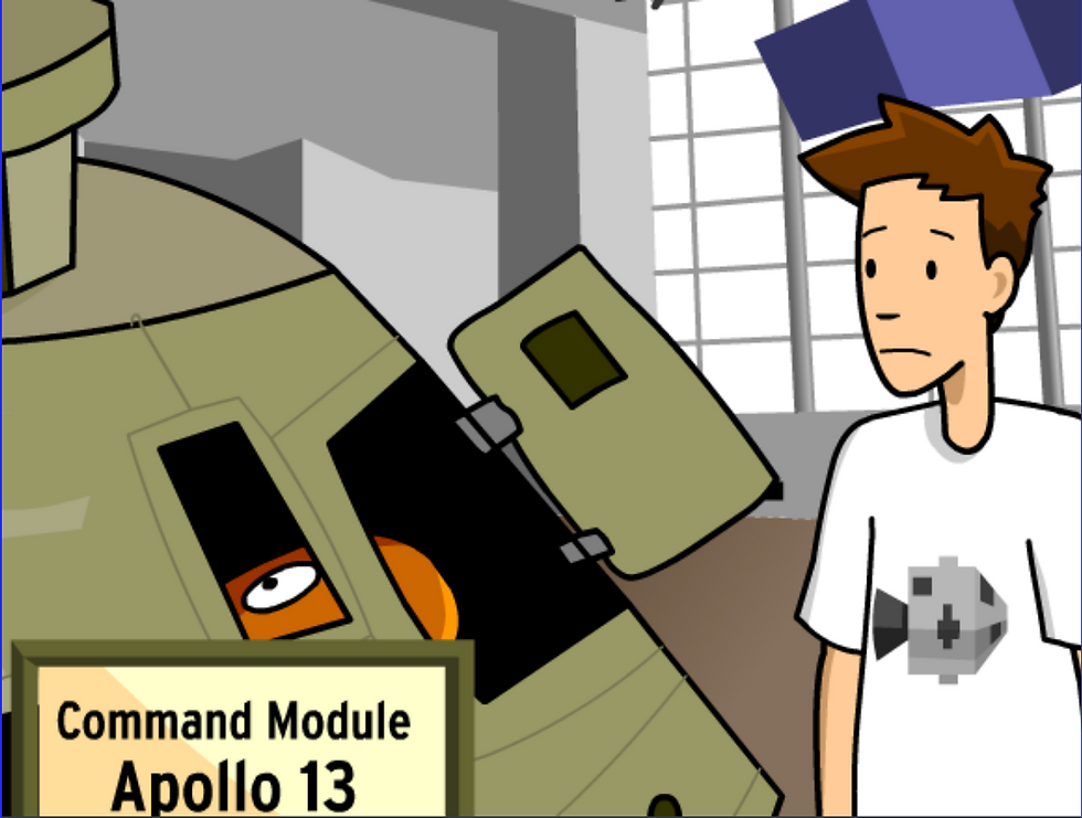 Tim looks puzzled at the Apollo 13 Command Module display, featuring Moby's cartoonish eye peeking out. From BrainPOP's Apollo Project movie.