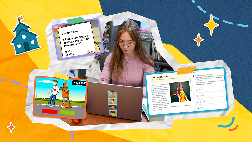 A person in a pink sweater works on a laptop with cartoon stickers. Surrounding graphics show educational content from the BrainPOP topic "Forces" including a letter reading "Dear Tim and Moby, If forces are invisible, how do we know they exist? And how do they work? Thanks, Katelin C.”