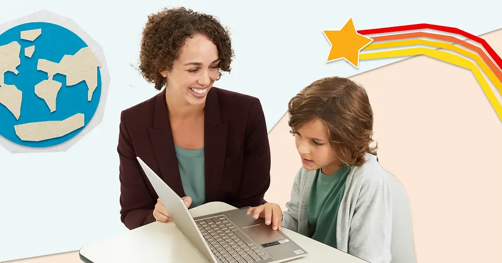 Woman and child at desk using a laptop, smiling. Background has a globe and a star with colorful trails, creating a cheerful atmosphere.