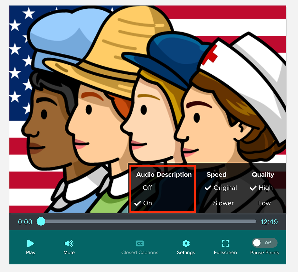 Illustration of diverse people in hats against U.S. flag background. Video controls with "Audio Description On" highlighted.