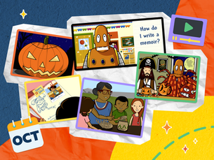 Collage of BrainPOP and BrainPOP Jr. movies relevant in October: Pumpkins, Writing About Yourself, Types of Writing, Native American Traditions, and Halloween