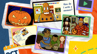 Collage of BrainPOP and BrainPOP Jr. movies relevant in October: Pumpkins, Writing About Yourself, Types of Writing, Native American Traditions, and Halloween