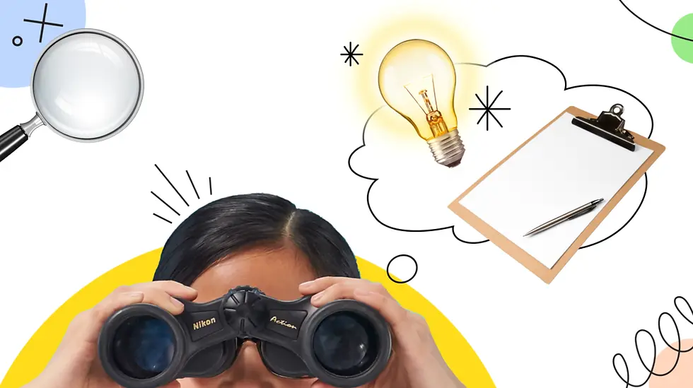 Student with binoculars, a light bulb, and a clip board