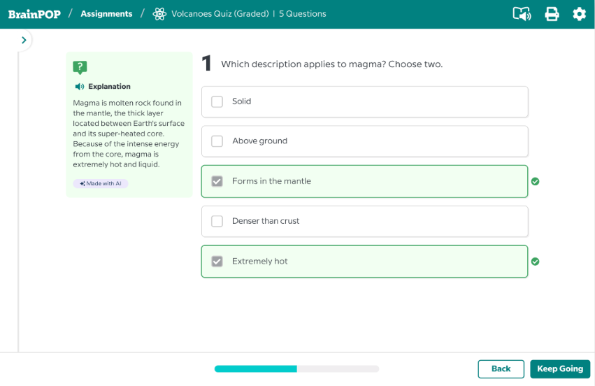 Quiz interface on BrainPOP about magma. Visible green box labeled "Explanations" with reasoning why the answer is correct. 