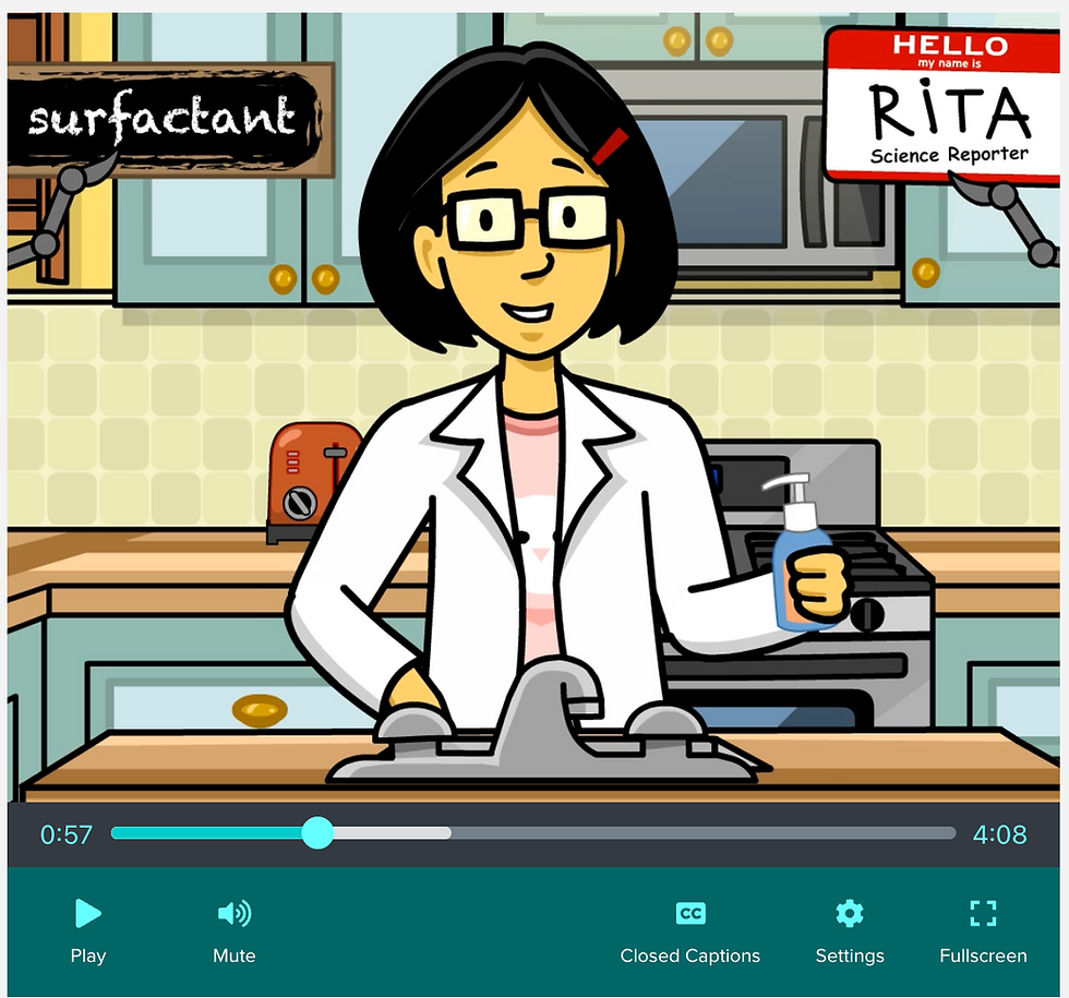 Cartoon of woman in a lab coat holding soap in a kitchen. Text: Surfactant, Hello my name is Rita, Science Reporter. Video controls visible.