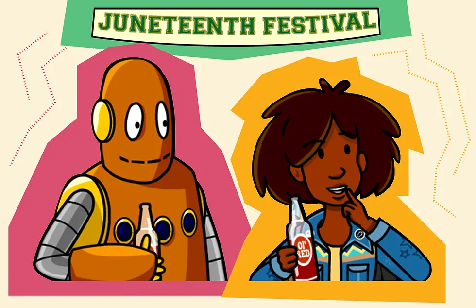 Moby the robot and person holding sodas at Juneteenth Festival. Robot is orange with mechanical arms. Person in blue jacket, smiling.