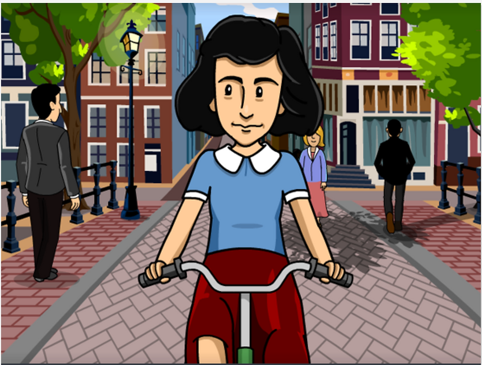 From BrainPOP's movie on Anne Frank. A young girl rides her bike down the street.