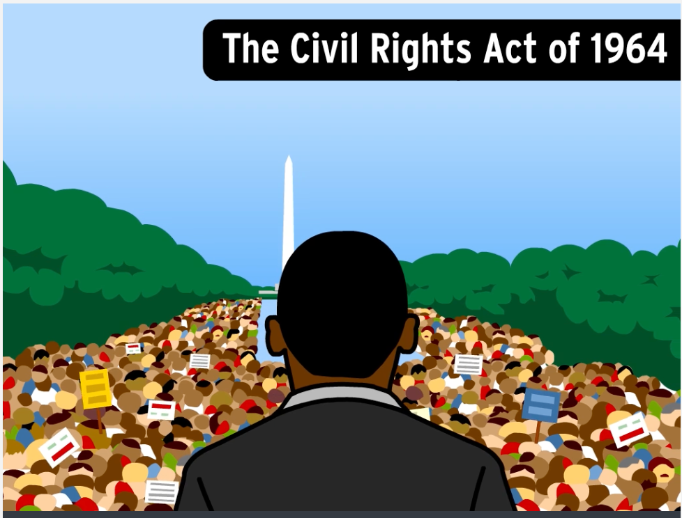 Animation of Martin Luther King, Jr. seen from behind faces a huge civil rights march by the Washington Monument; title reads The Civil Rights Act of 1964. From BrainPOP's topic on Martin Luther King, Jr.