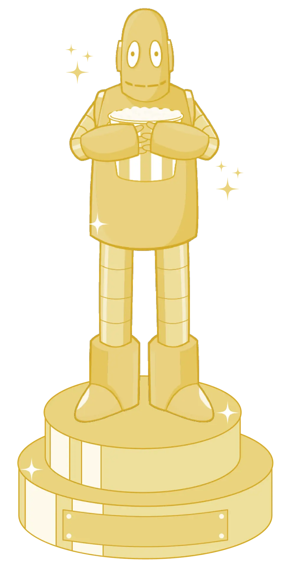 Golden Moby the robot statue holding a popcorn bucket, standing on a shiny pedestal. The robot has an expressionless face and a bright gold color.