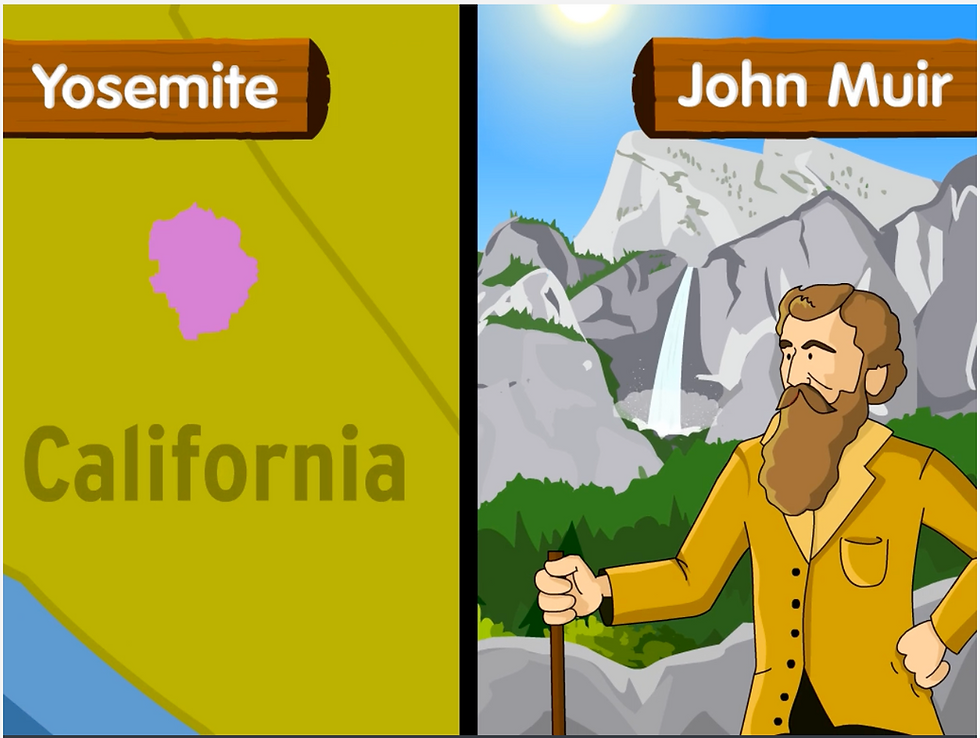 Split image: Yosemite in California map and John Muir standing by a waterfall in Yosemite Valley under a sunny sky. From BrainPOP's National Parks movie.