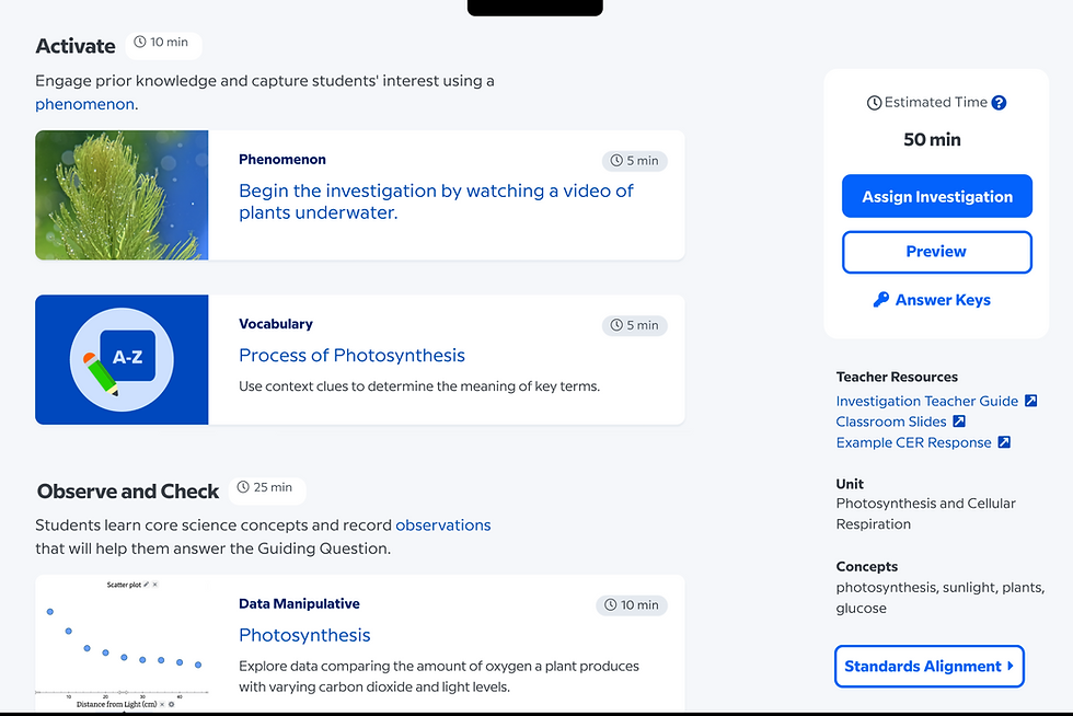 Educational interface on photosynthesis activities. Includes tasks like watching a plant video, vocabulary, and data analysis. Total: 50 min.