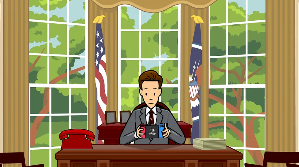 Tim sitting in the Oval Office while playing a video game