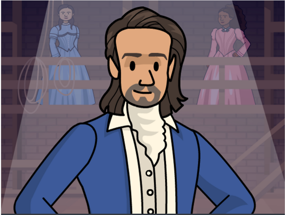 From BrainPOP's movie on Lin-Manuel Miranda. Cartoon of Lin-Manuel Miranda in Hamilton.