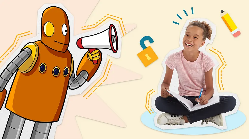 Moby the orange robot with megaphone and girl writing, seated cross-legged, smiling. Background has open padlock icon, pencil, pastel colors.