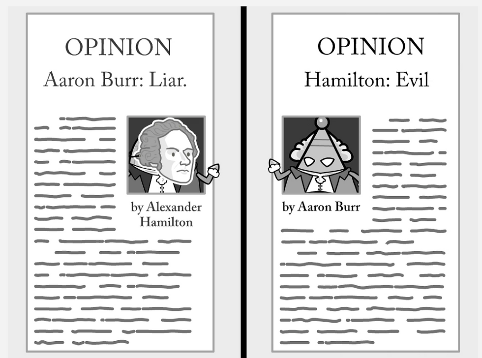 Two op ed illustrations shown side by side. Left reads Opinion: Aaron Burr: Liar. By Alexander Hamilton. The right reads Opinion: Hamilton: Evil. By Aaron Burr. From BrainPOP's movie on Alexander Hamilton.