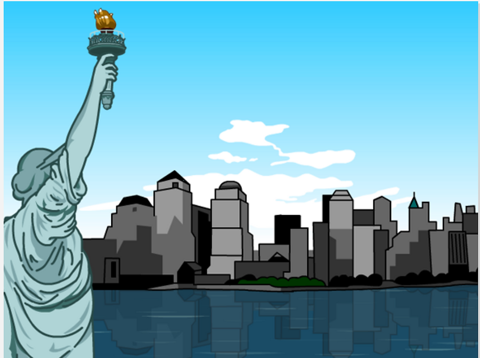 BrainPOP September 11 topic: illustration of the Statue of Liberty viewed from behind, overlooking the New York City skyline across the water.