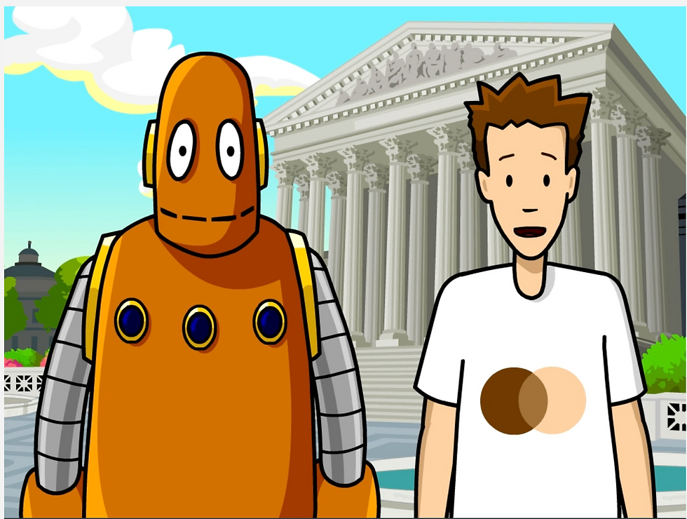 Tim and Moby stand in front of a neoclassical building with columns. Tim's shirt shows overlapping brown and tan circles to represent desegregation. From the BrainPOP movie on Brown v. Board of Education of Topeka.