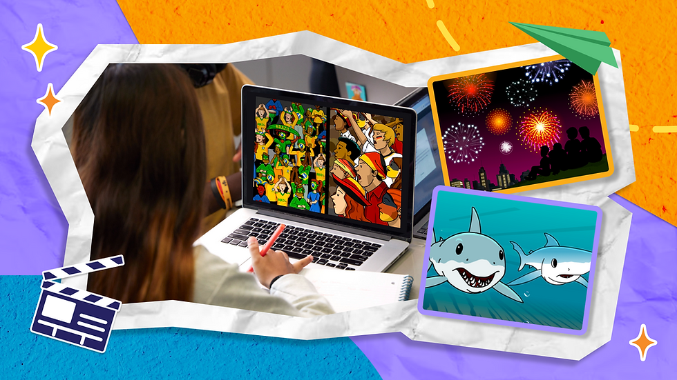 Student watches BrainPOP's World Cup animated educational movie on a laptop. Other screens show stills from BrainPOP's topics on Sharks and Fireworks.