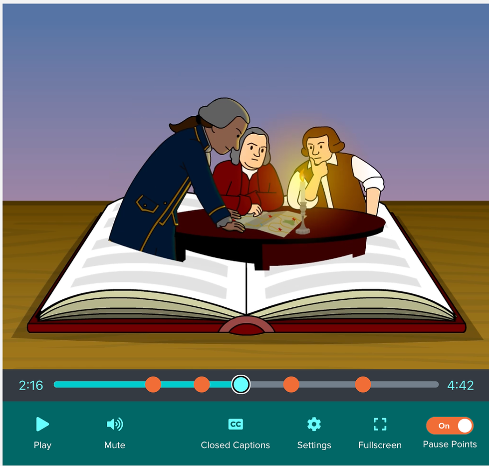Three animated, historic figures discuss a map on a giant open book. Candlelight glows, creating a contemplative mood. Video controls shown below.