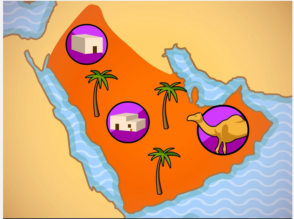 BrainPOP Early Islamic Empire topic: illustrated map of the Arabian Peninsula highlighted in orange, with icons of buildings, palm trees, and a camel.