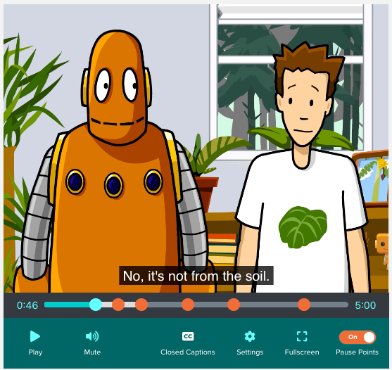 Orange robot and a boy in a white shirt with leaf design stand indoors with plants. Subtitle reads, "No, it's not from the soil." Video controls visible.