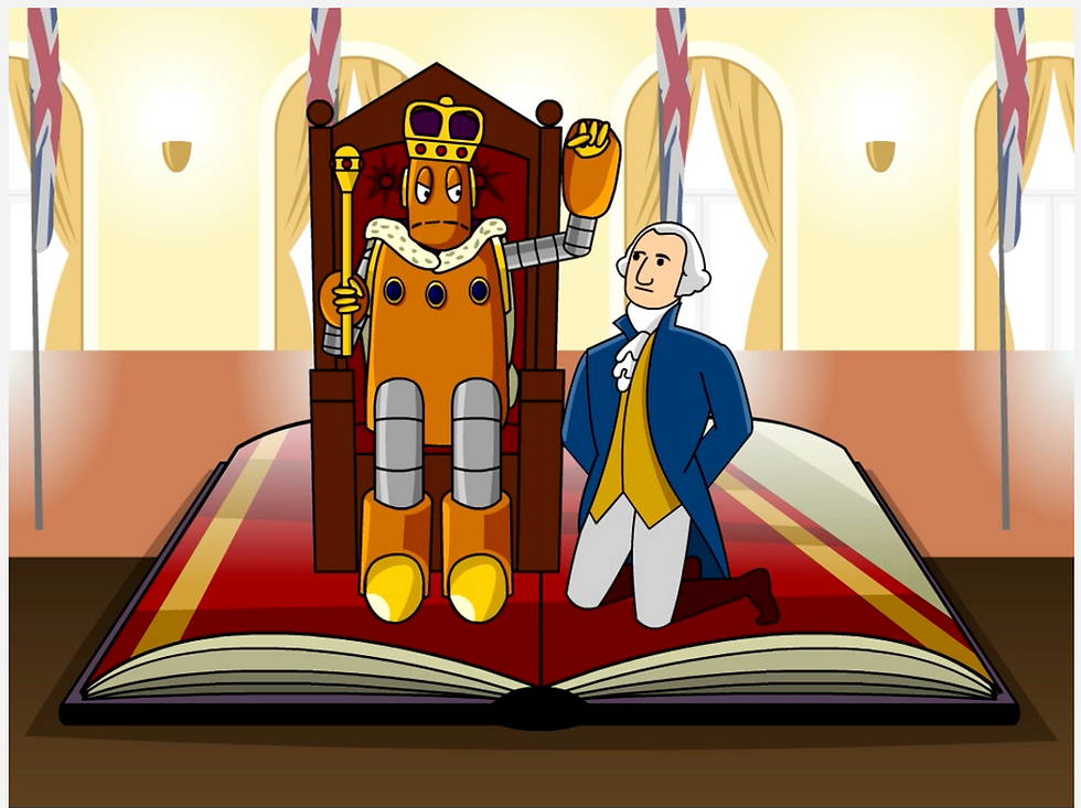 Moby dressed as a king, wearing a crown and holding a scepter while seated on a throne, with a man in colonial-era clothing and a white wig kneeling beside him, all standing on a large open book in a grand hall with red banners.