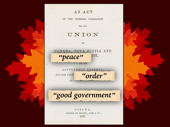 Antique Act title page over red maple leaves, with labels peace, order, and good government on parchment. From BrainPOP's movie on the Canadian Confederation.