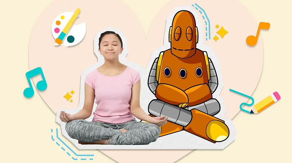 A girl in pink meditates beside Moby the orange robot. Background has music notes, a palette, and a pencil, creating a creative, calm vibe.