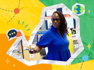 Teacher in blue dress pointing, standing in a colorful classroom. Yellow, green background with chat icons and globe graphic.