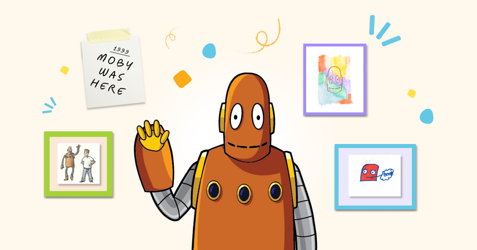 Moby, the orange robot, waves. Moby is standing in front of a wall with drawings of Moby through the years. A sticky note reads "1999 Moby was here."