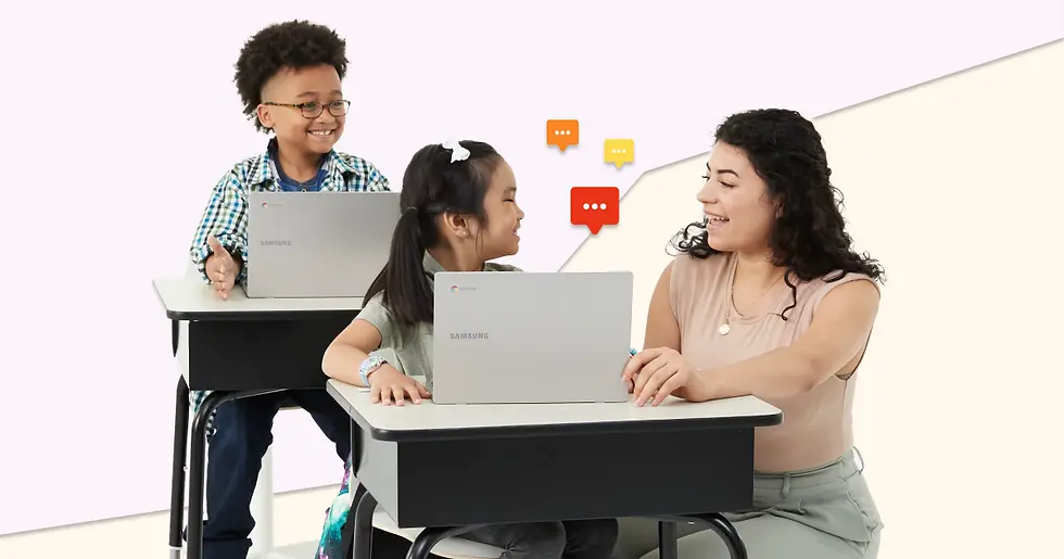 Kids and a teacher smiling at desks with Samsung laptops. Speech bubbles indicate communication. Classroom setting, cheerful mood.