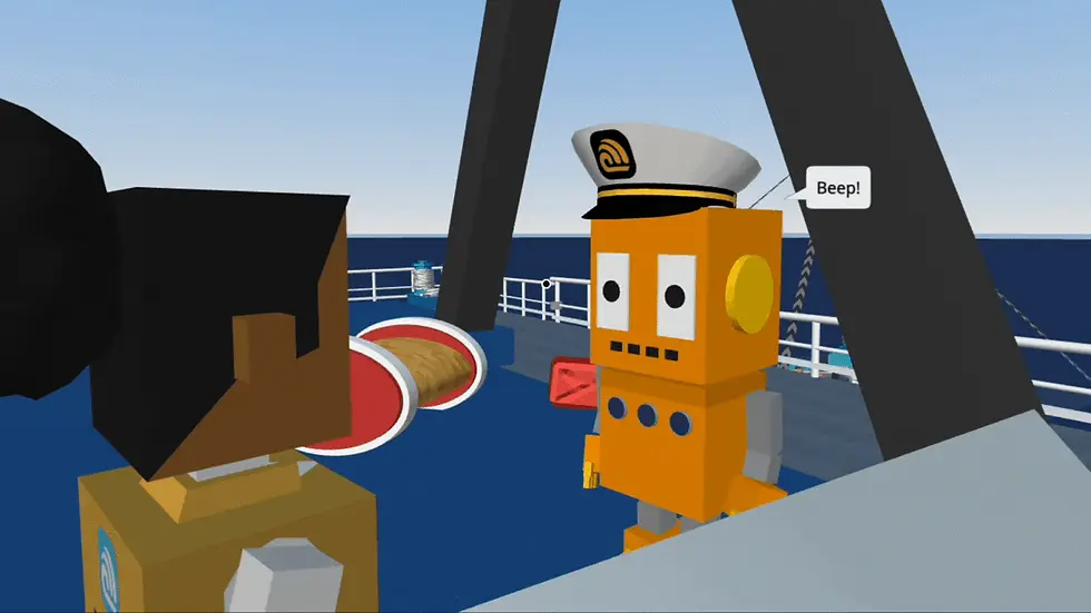 Animated robot in sailor hat says "Beep!" to a character on a ship deck. Ocean and sky in background, with a playful mood.