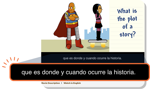 BrainPOP Jr. Plot movie with Spanish audio and subtitles. The on-screen questions remain in English.