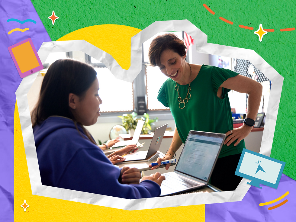 Teacher smiling and helping a student with a laptop in a classroom, framed by a colorful collage-style background.