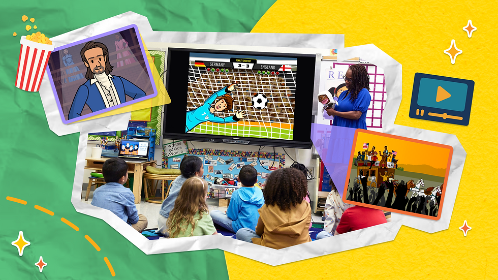 A lively classroom watching BrainPOP's movie on the World Cup. Students sit on a rug while the teacher stands at the front of the room. A collage of screens show other engaging topics like Lin Manuel Miranda and Juneteenth.